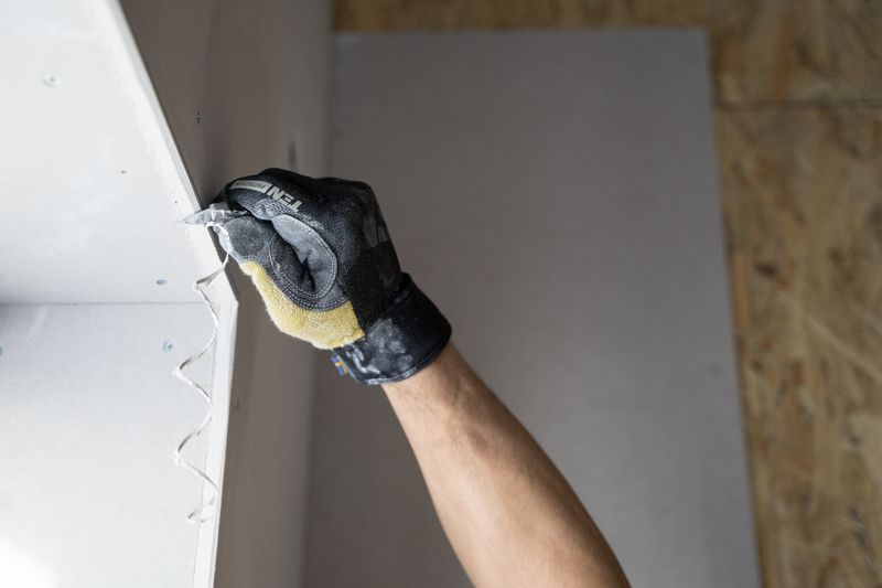 A gloved hand drawing a blade of joint compound flat across a wall — {{SERVICE_3}}