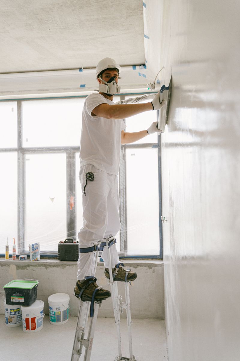 A finisher in a respirator sanding a patch back flat — {{SERVICE_5}}